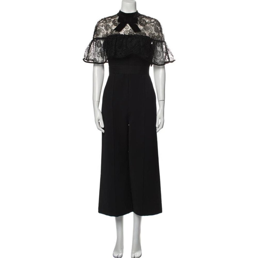 SELF-PORTRAIT Women's Black Crepe Ruffled Lace Panel Wide Leg Jumpsuit Size 8